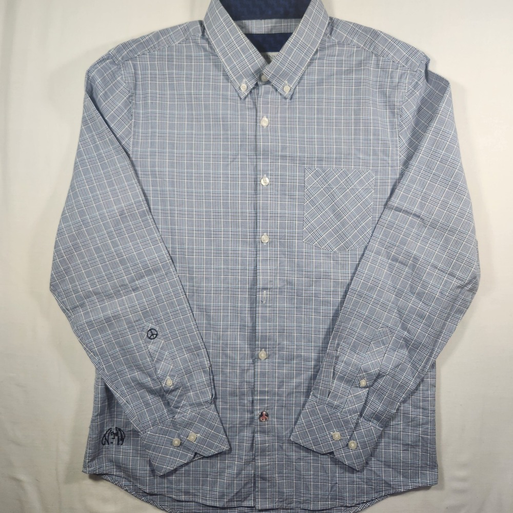 John Lennon Mens Blue Plaid Button Down Shirt Peace Sign Logo Medium